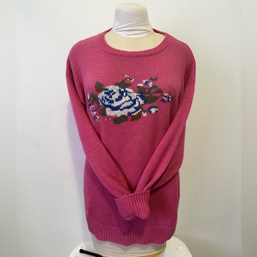 Deans of Scotland Vintage Pink Floral Rose Cotton Ramie Sweater L